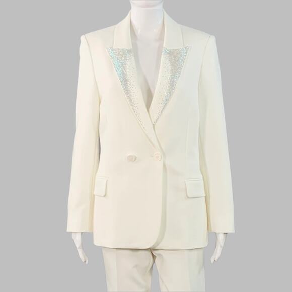 M Off White Polyester Blend Rhinestone Studded Peak Lapel Pantsuit - Picture 1 of 13